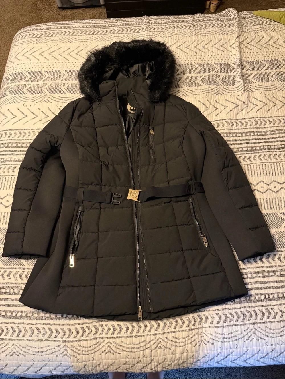 Michael Kors Black Quilted Belted Hooded Puffer Coat with Faux Fur Trim